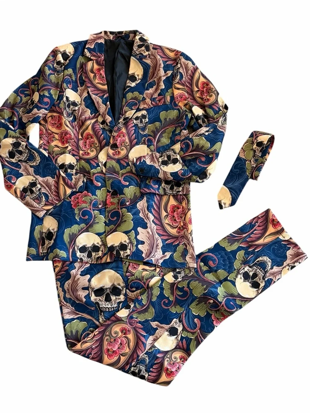 Halloween Bold Blue Floral & Skull Print Men's Suit Jacket, Pants and Tie Sz M